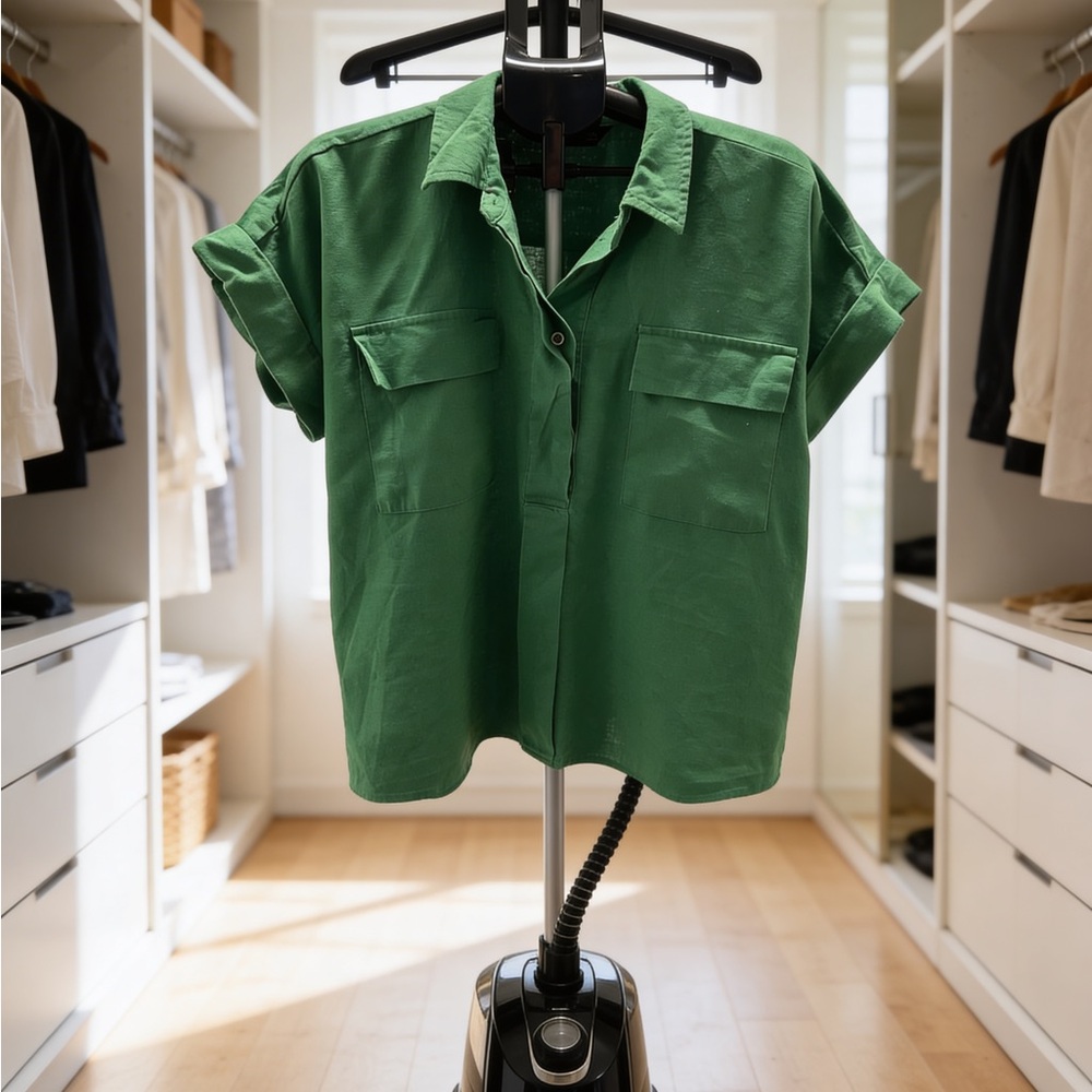 Simply Vera Vera Wang Green Short-Sleeve Button-Front Linen Shirt